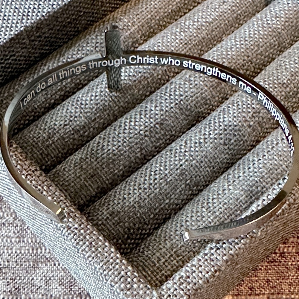 Hematite Over Stainless Cross Cuff Inspirational Quote Bracelet Philippians 4:13 - Picture 4 of 5